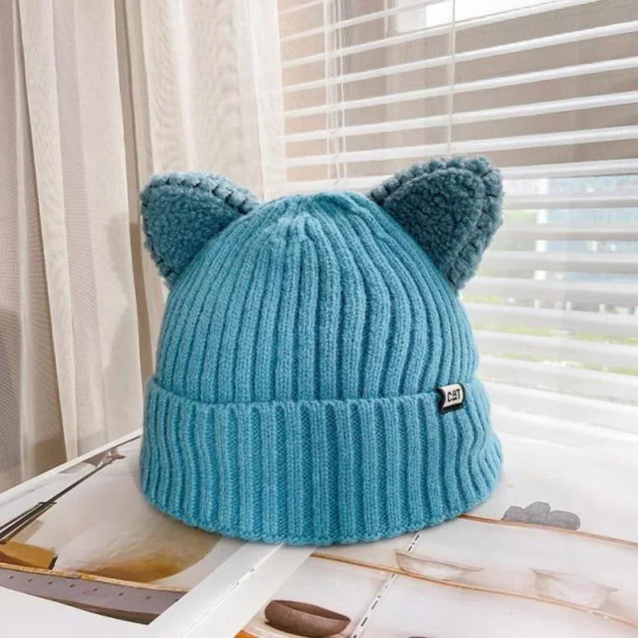 Gerippte Beanie Mütze mit Katzenohren aus weichem Material