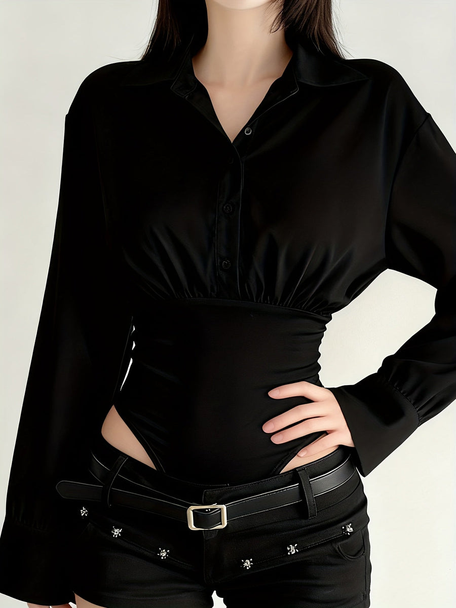 Damen Langarm Bodysuit mit Hemdkragen und Raffungen an der Taille