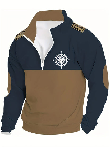 Herren Halb-Reißverschluss Pullover mit Kompass-Motiv, Kragen & Ellenbogen-Patches, Zweifarbig