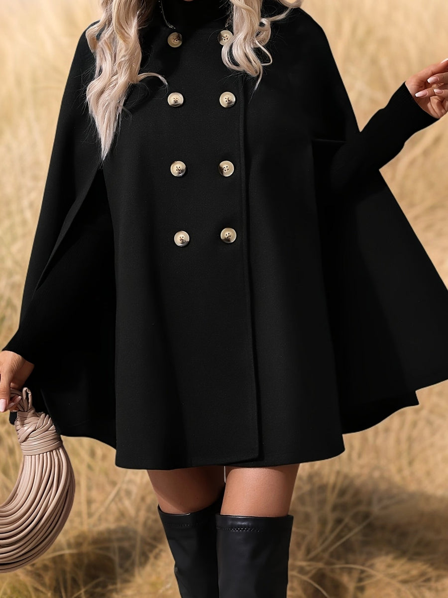 Damen Cape Schwarz mit doppelreihiger Knopfleiste & Stehkragen