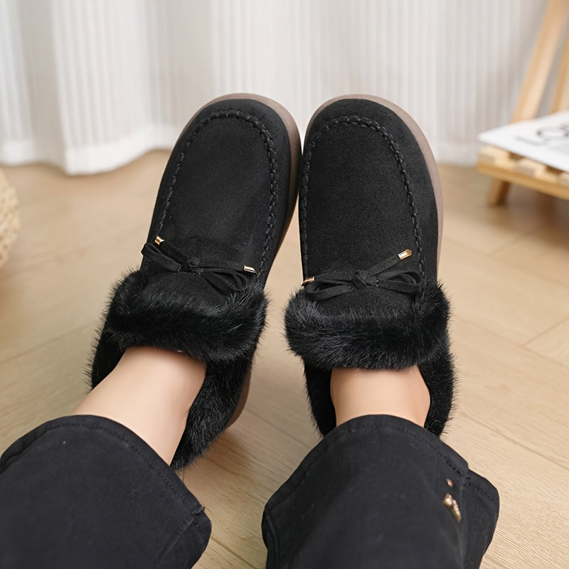 Damen Hausschuhe Rosa mit Kunstfellfutter & Schleife, Bequeme Winter Pantoffeln