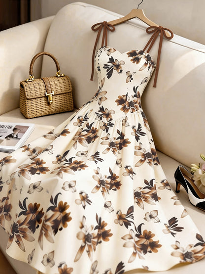 Damen Midikleid mit Blumenmuster und Schleifen-Trägern – Elegantes A-Linienkleid für besondere Anlässe