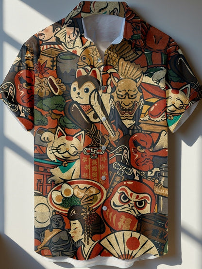 Herren Kurzarmhemd mit Japanischem Kunst- und Glückssymbol-Print – Casual Streetwear