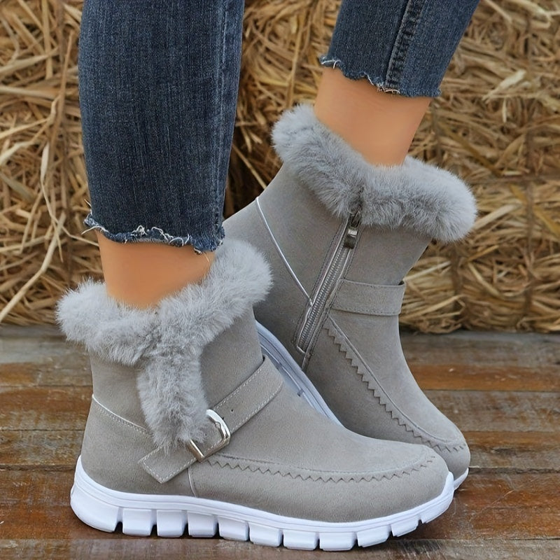Damen Winterstiefeletten mit Kunstfellbesatz, flache Sohle, Schnallendetail