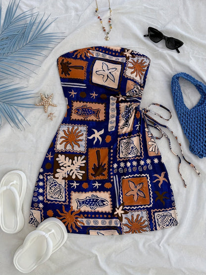 Damen Bandeau Minikleid mit tropischem Print und seitlicher Schleife – Strand- und Urlaubsoutfit