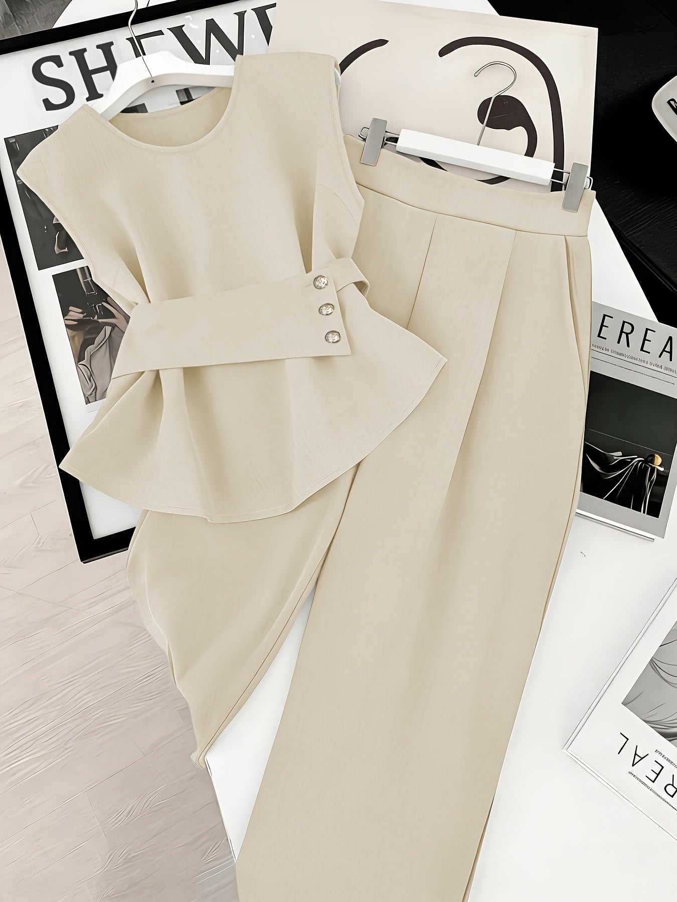 Damen Zweiteiler Set Elegant – Pullover mit Gürtel & Gerade Hose, Modernes Business Outfit