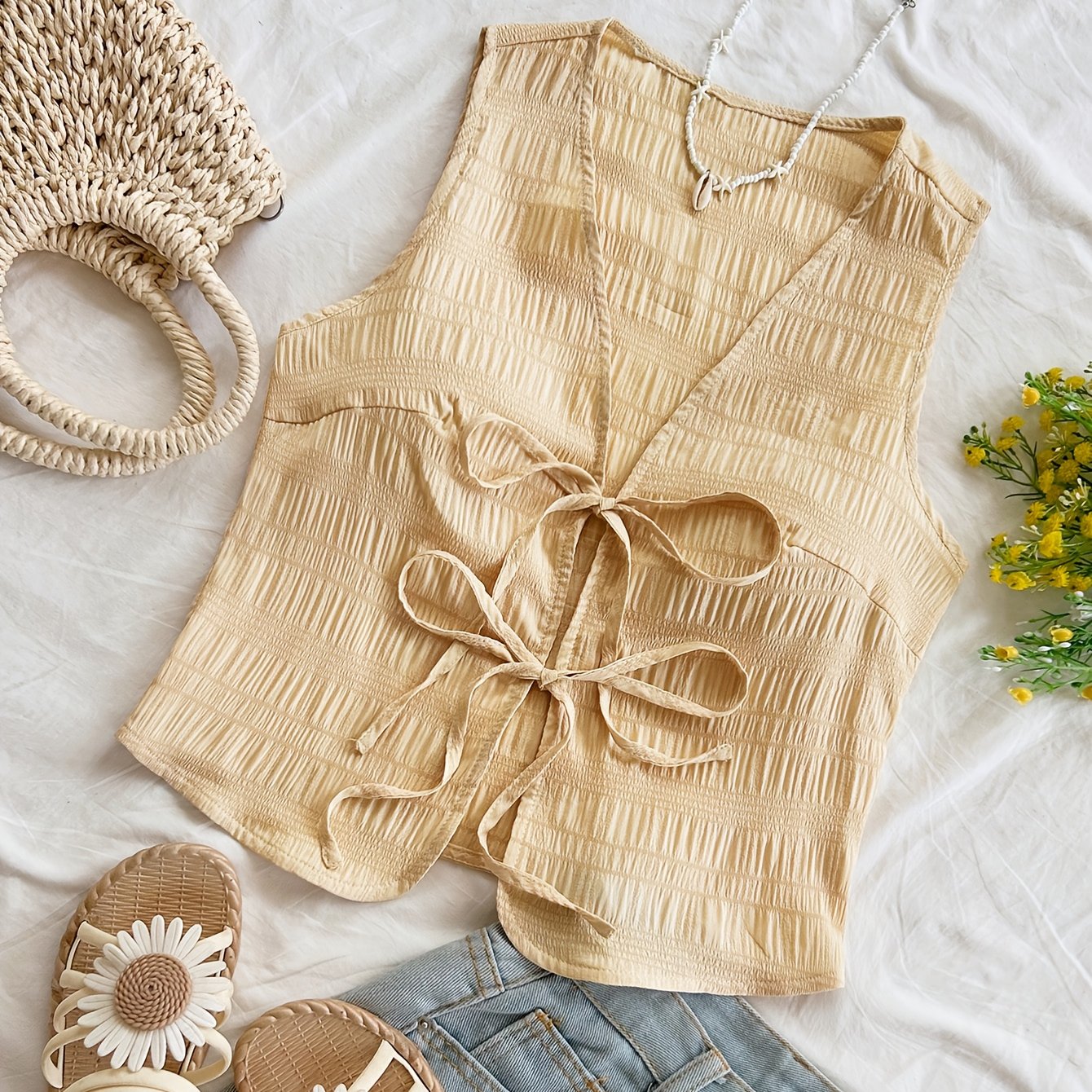 Damen Boho Weste mit Bindeband und Crinkle-Optik – Modisches ärmelloses Top für Freizeit und Urlaub