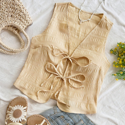 Damen Boho Weste mit Bindeband und Crinkle-Optik – Modisches ärmelloses Top für Freizeit und Urlaub