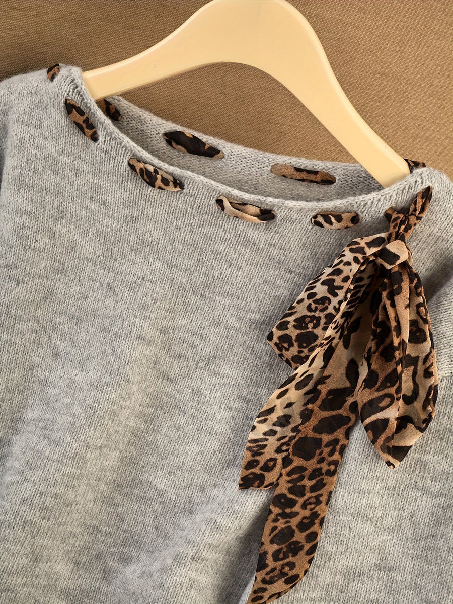 Damen Pullover mit Leopardenmuster Schal Ausschnitt Langarm Strickpullover