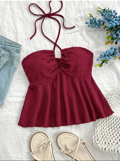 Damen Halter Babydoll Top mit Stickerei – Romantischer Vintage-Look für Freizeit & Urlaub