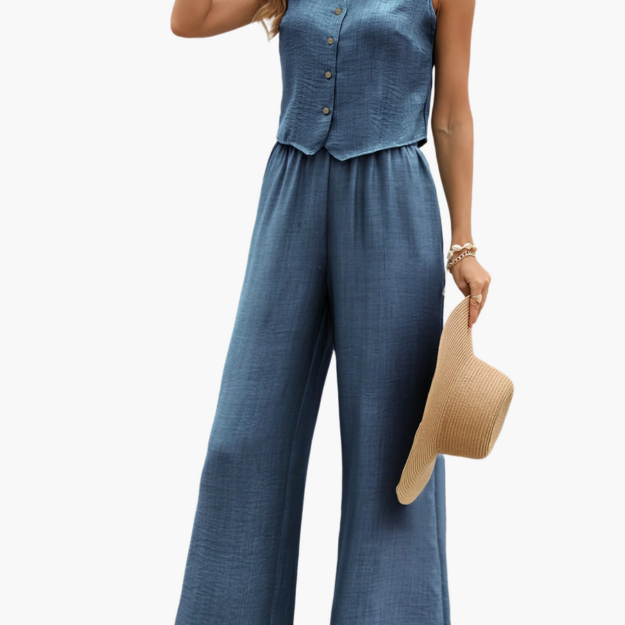 Damen Eleganter Zweiteiler Jumpsuit mit Weste und Weiten Hosen – Freizeit & Sommer Outfit