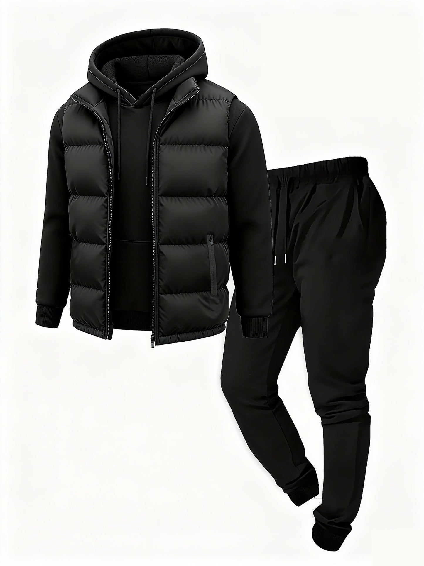 Herren Freizeit Anzug Set mit Steppweste, Kapuzenpullover und Jogginghose in Schwarz