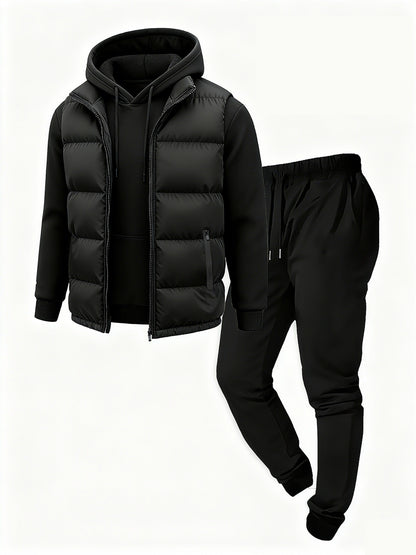 Herren Freizeit Anzug Set mit Steppweste, Kapuzenpullover und Jogginghose in Schwarz