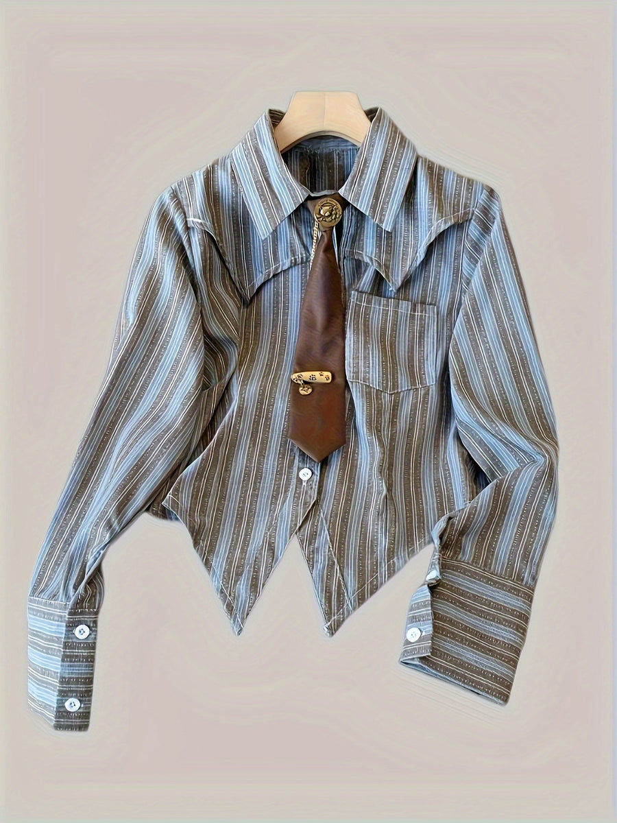 Gestreifte Bluse mit Spitzkragen und Krawatte, langärmelig, für Damen