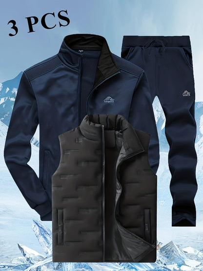 Herren 3-teiliges Sportoutfit mit Stehkragen-Trainingsjacke, Jogginghose und Steppweste