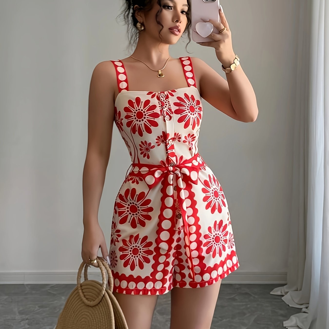 Damen Jumpsuit mit Blumenmuster und Taillengürtel – Eleganter Freizeit-Look