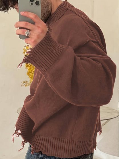 Unisex Distressed Pullover mit Rundhals und Rippstrickbündchen
