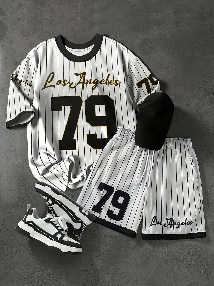 Herren Sportset Los Angeles 79 – Pinstripe Shirt und Shorts im Retro-Stil