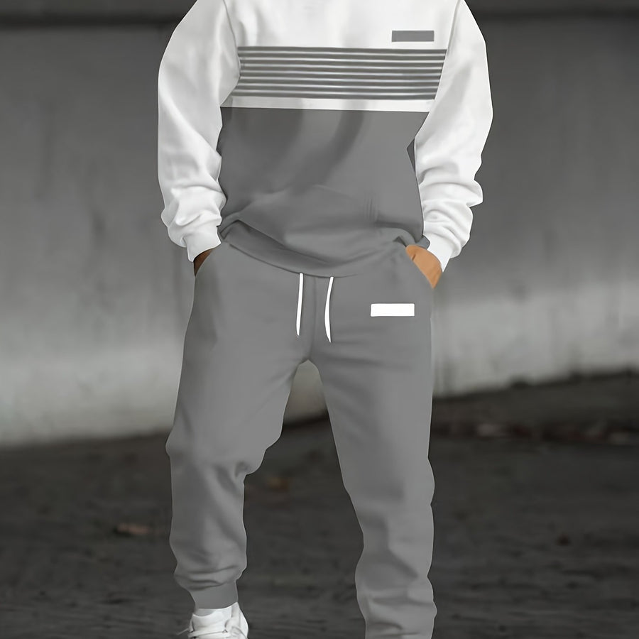 Herren Trainingsanzug Hoodie & Jogginghose Zweiteiler Grau Schwarz mit Streifen