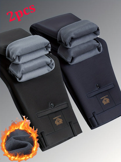 Herren Thermohose gefüttert Schwarz Slim Fit Warme Winterhose Anzughose