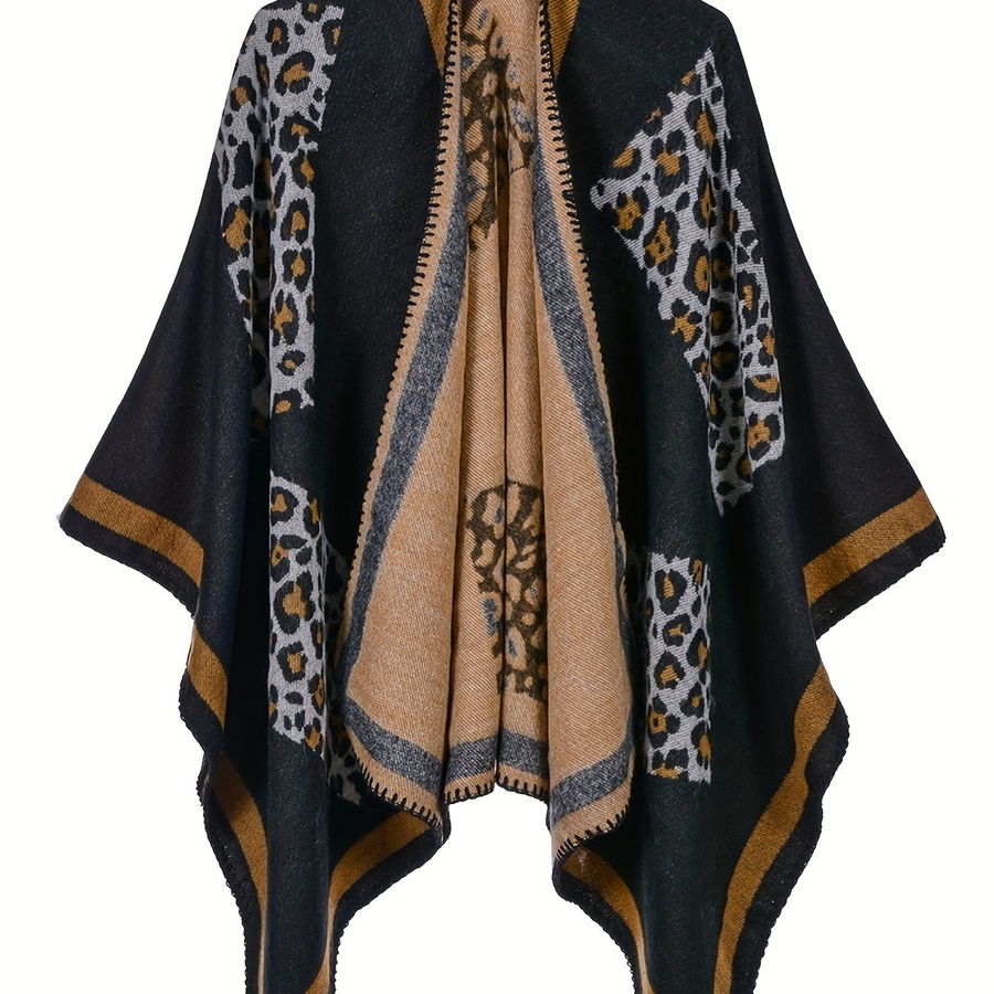 Damen Poncho Cape mit offenem Vorderteil und geometrischem Muster – Boho Stil für Alltag und Freizeit