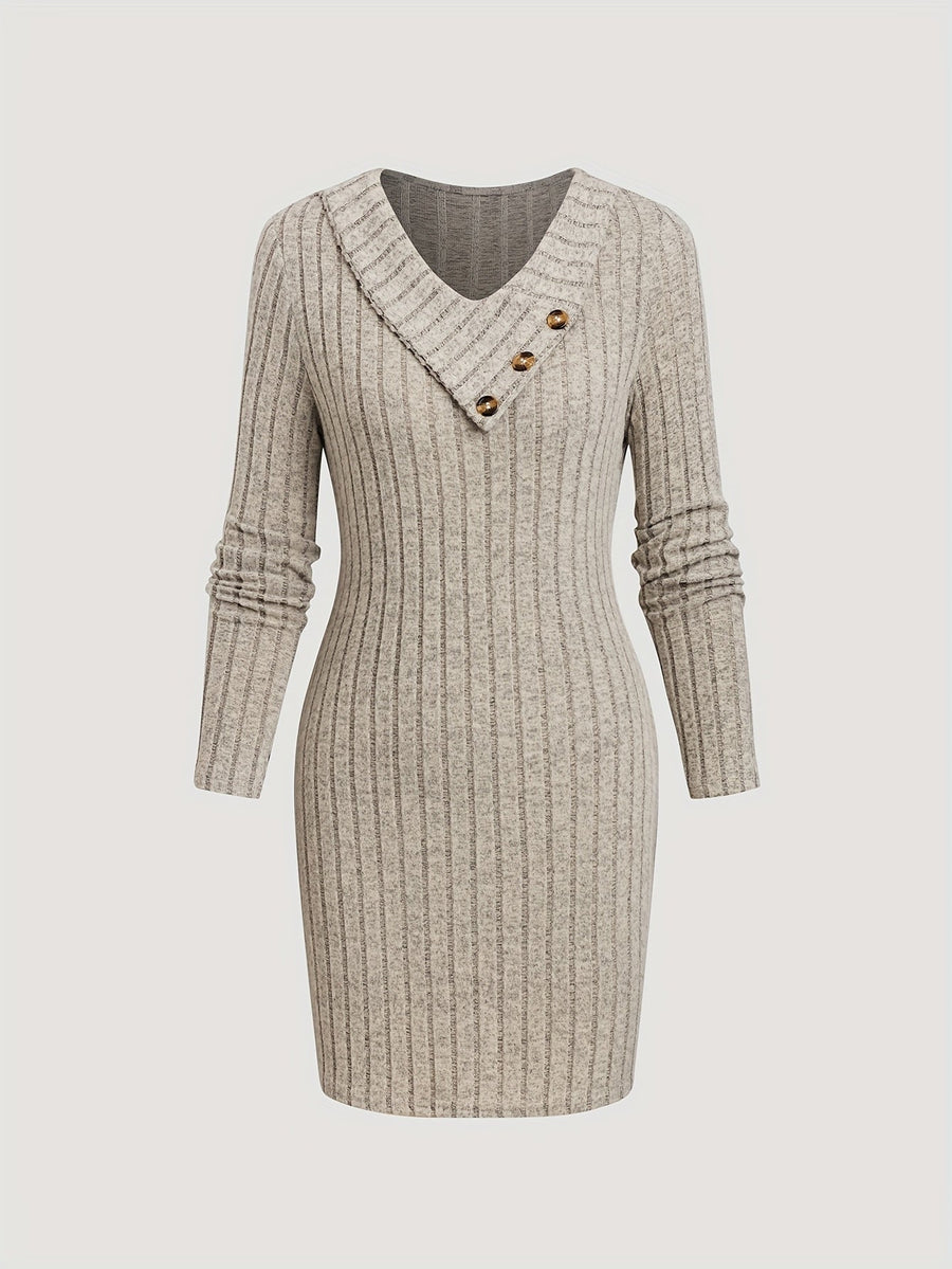 Damen Geripptes Langarmkleid mit V-Ausschnitt und Knopfdetails