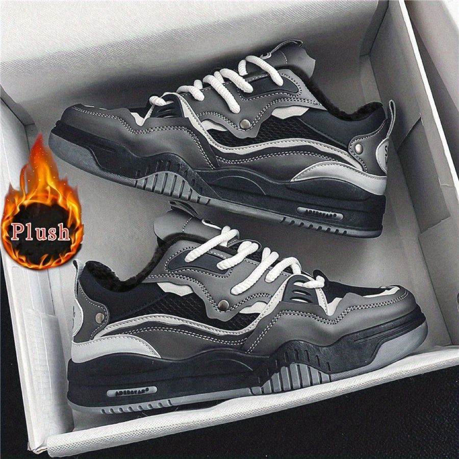 Sneaker mit Plüschfutter in Grau-Weiß, klobige Sohle, Schnürung