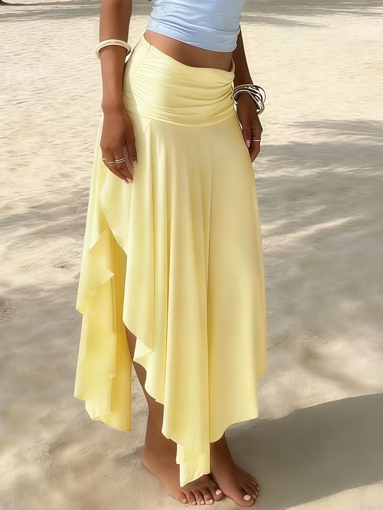 Damen Maxi-Strandrock mit asymmetrischem Volant-Saum, elegant-lässiger Urlaubsstil