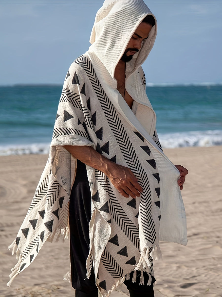 Herren Boho Poncho mit Kapuze und geometrischem Muster – Strand & Festival Überwurf