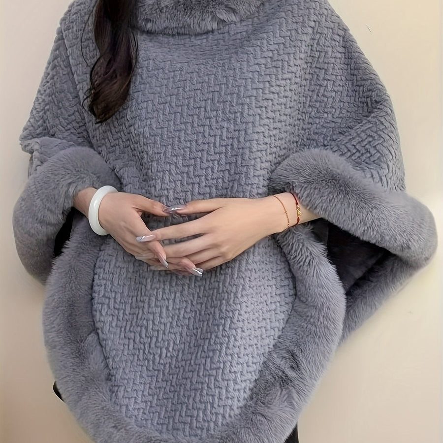 Damen Poncho Kuschelig Weich mit Kunstpelzbesatz Rollkragen