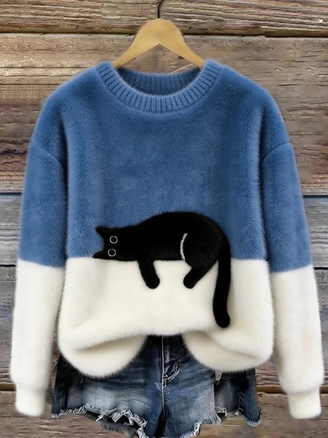 Weicher Damen Pullover mit Katze Rundhals Langarm Strickpullover Mehrfarbig