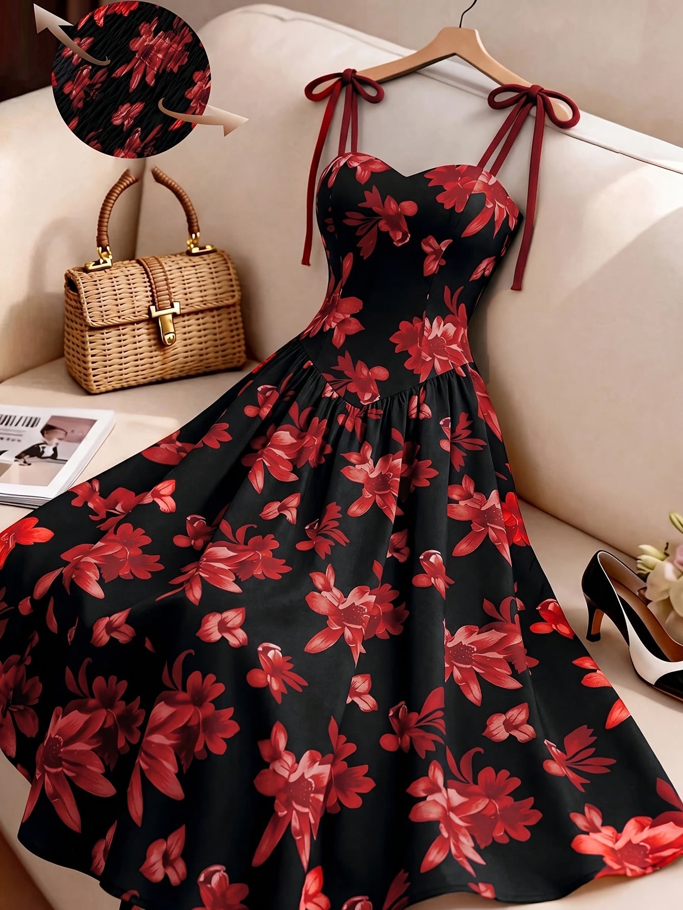 Damen Midikleid mit Blumenmuster und Schleifen-Trägern – Elegantes A-Linienkleid für besondere Anlässe