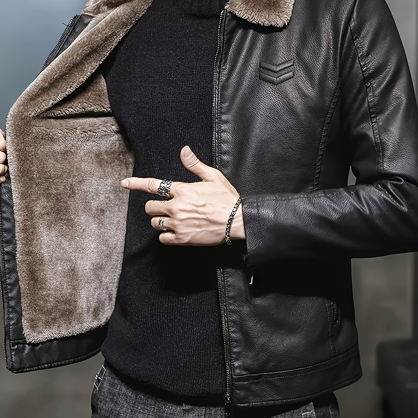 Herren Jacke Schwarz mit Teddyfutter Stehkragen Reißverschluss