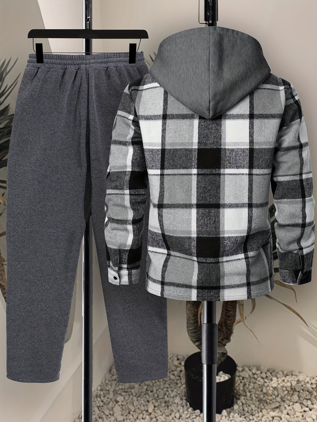 Herren Kariertes Flanell Hemd mit Kapuze & Einfarbige Jogginghose Set Grau