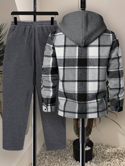 Herren Kariertes Flanell Hemd mit Kapuze & Einfarbige Jogginghose Set Grau