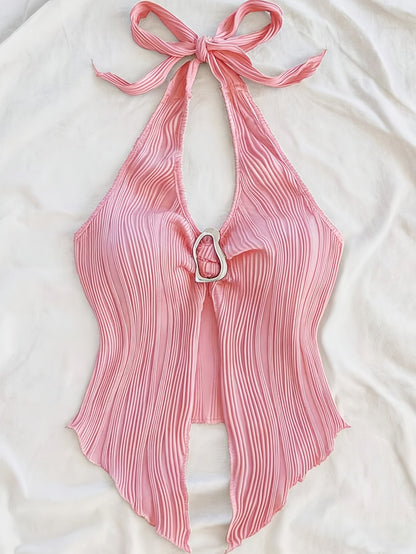 Damen Halterneck Top mit Plissee und Schlüsselloch-Detail – Modisches Ausgeh- und Party-Oberteil