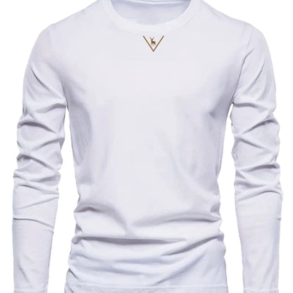 Herren Langarmshirt mit Rundhalsausschnitt und Hirsch-Logo, Freizeitshirt