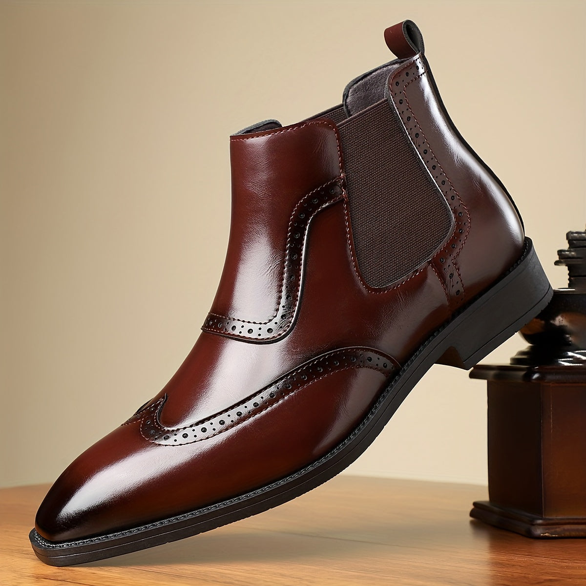 Herren Chelsea Boot Brogue Glatt Optik Elastikeinsatz Elegant Business
