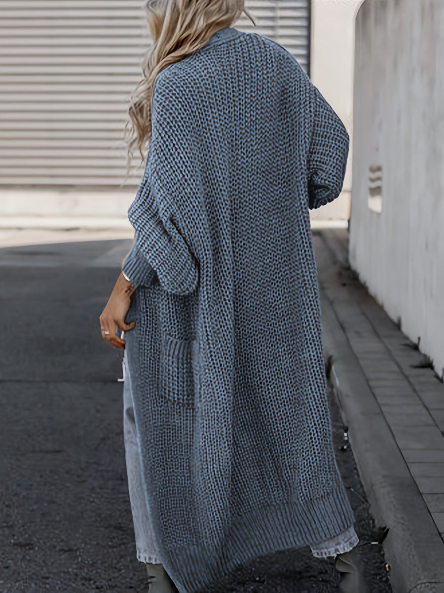 Damen Grobstrick Cardigan Lang Offen Strickjacke mit Taschen