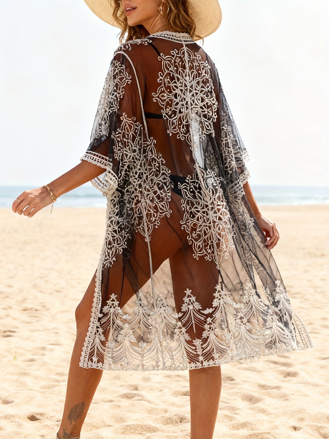 Damen Strand Kimono mit Stickerei – Boho Stil, Perfekt als Badebekleidungs-Überwurf