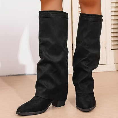 Damen Kniehohe Stiefel Braun mit Schnalle und Blockabsatz