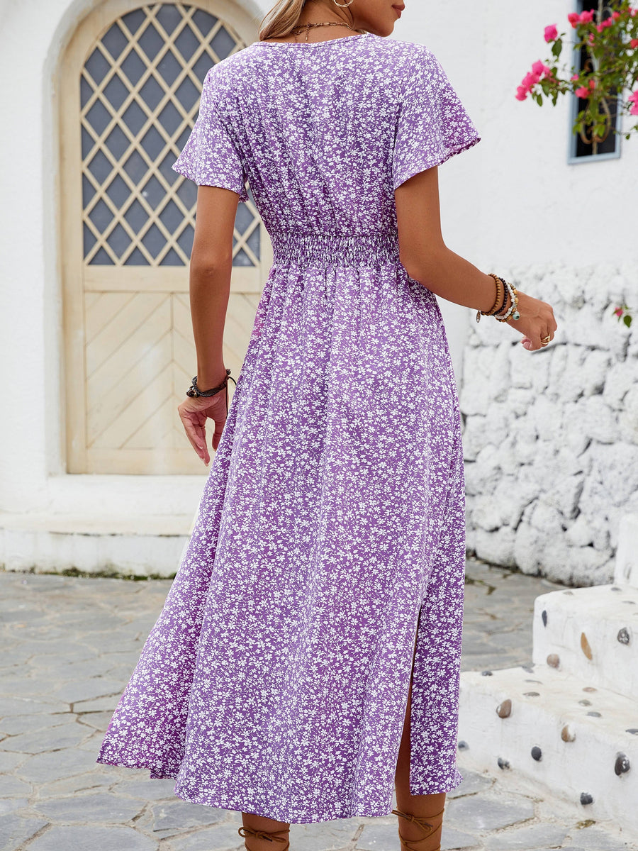 Damen Boho Maxikleid mit V-Ausschnitt und Blumenmuster – Elegantes Sommerkleid für Alltag und Urlaub
