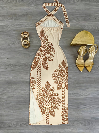 Damen Partykleid mit Palmenmotiv und Neckholder – Elegantes Abendkleid im Resort-Stil