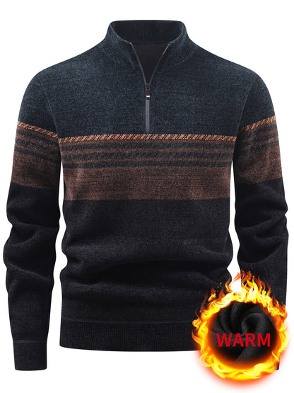 Herren Winter Pullover Half-Zip Stehkragen Gestreift Warm gefüttert