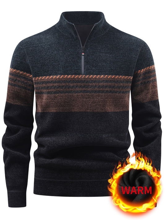 Herren Winter Pullover Half-Zip Stehkragen Gestreift Warm gefüttert