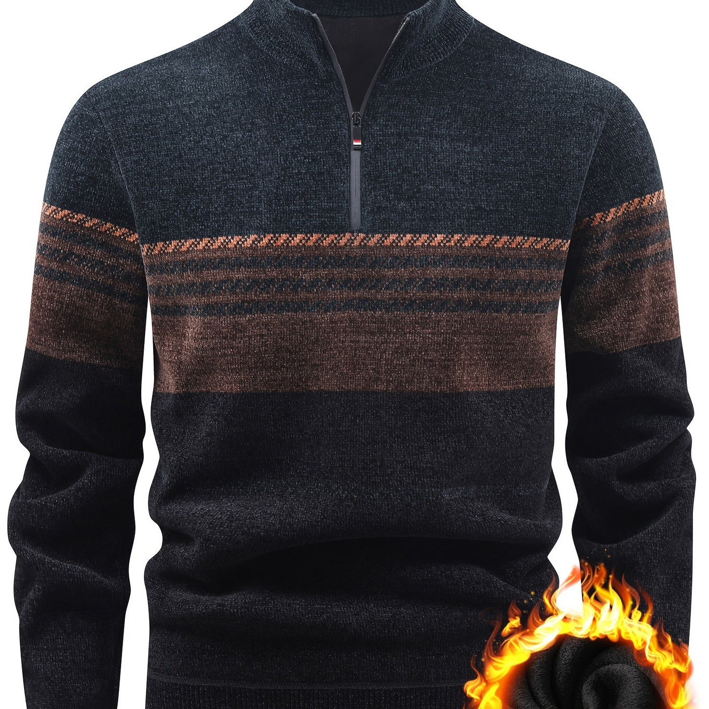 Herren Winter Pullover Half-Zip Stehkragen Gestreift Warm gefüttert