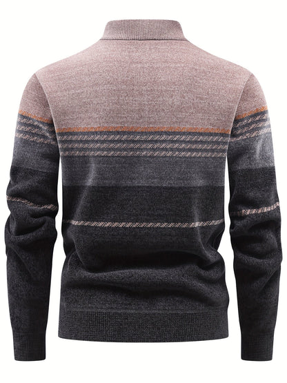 Herren Winter Pullover Half-Zip Stehkragen Gestreift Warm gefüttert