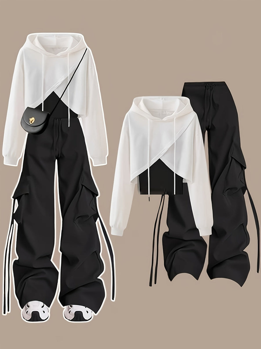 Damen zweiteiliges Set, Crop Hoodie und Cargohose, Schwarz-Weiß, locker geschnitten