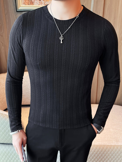 Herren Langarmshirt Slim Fit mit Strukturmuster Rundhals Weiß