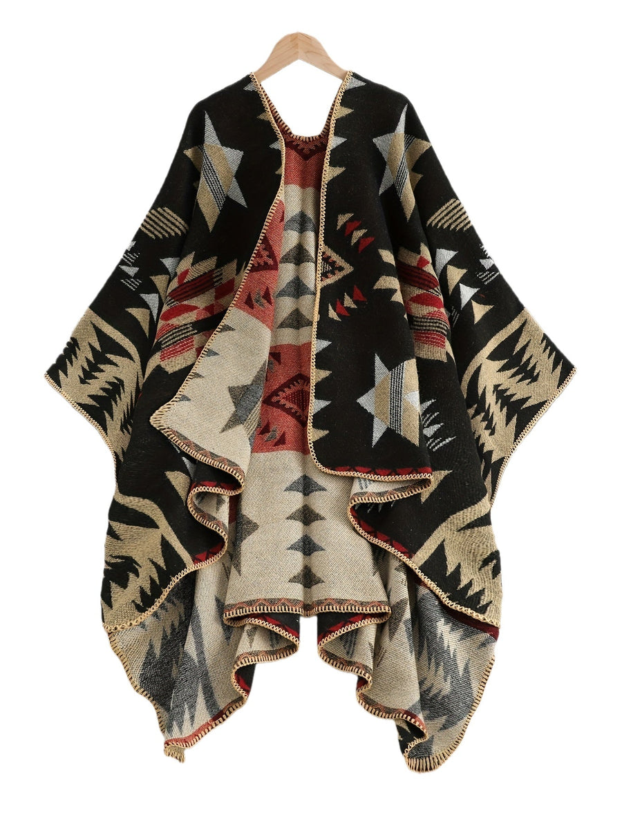 Damen Poncho Cape mit offenem Vorderteil und geometrischem Muster – Boho Stil für Alltag und Freizeit